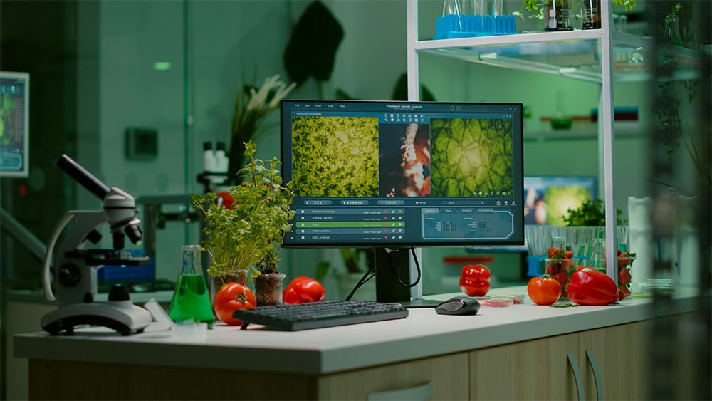 Laboratoire avec ordinateur, microscope et légumes sur table.