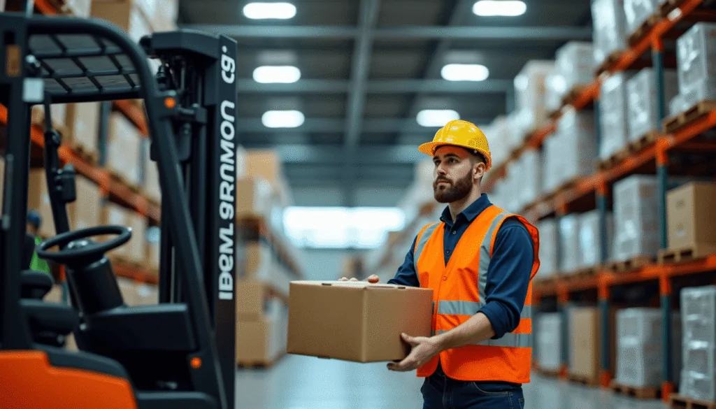 Employé d’entrepôt tenant un carton près d’un chariot élévateur