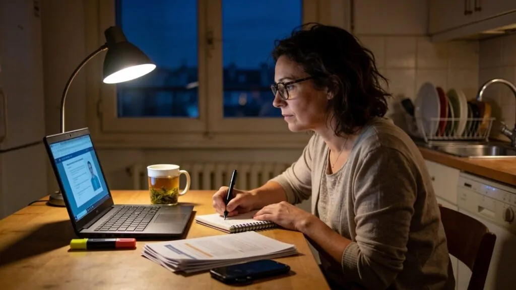 Femme de 45 ans suivant une formation en ligne le soir à la table de sa cuisine